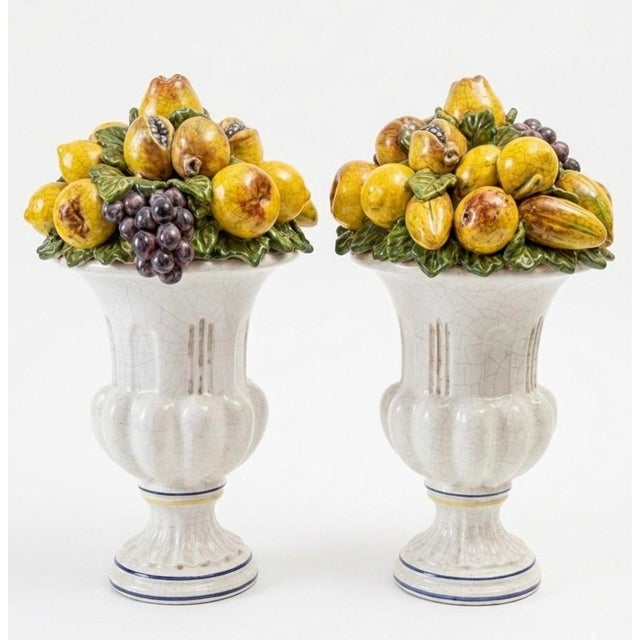 A Pair of Vintage Italian Majolica Fruit Topiary Centerpiece Urns For Sale - Image 4 of 9