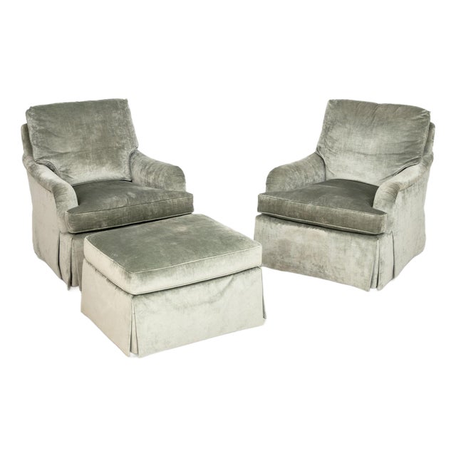 Baker Gray Velvet Upholstered Chairs and Ottoman For Sale