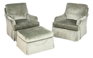 Baker Gray Velvet Upholstered Chairs and Ottoman
