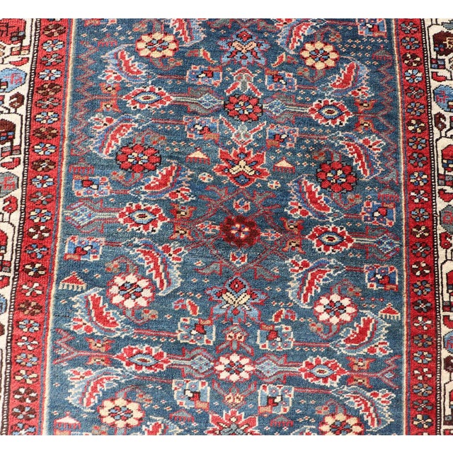 Cornflower Blue Antique Persian Bidjar Rug With Large Floral Motifs in Blue, Red, and Ivory For Sale - Image 8 of 12