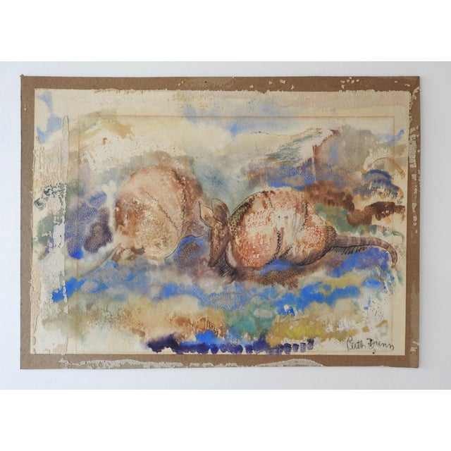 Rustic Mid 20th Century Ruth Dunn Texas Armadillos Watercolor Painting For Sale - Image 3 of 3
