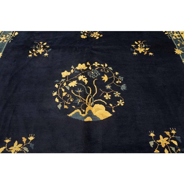 Incredible Navy Background and Special Central Floral Antique Chinese Peking Rug For Sale In New York - Image 6 of 12