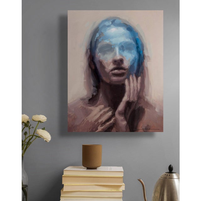 This oil on panel artwork presents a figure with a serene expression, partially obscured by a translucent blue visage that...