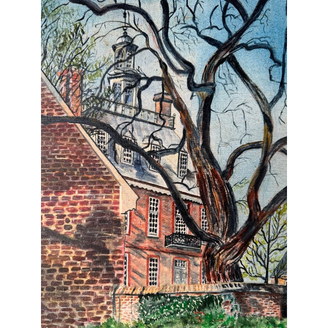 Traditional 1980's Edwina Z. Worsley Historic Brick Architecture and Winter Tree Landscape Oil Sold For Sale - Image 3 of 11
