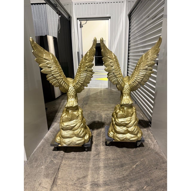 2020s Mirrored Pair Monumental Concrete Eagle Statues W/ Rolling Plinth Bases 4ft+ For Sale - Image 5 of 9