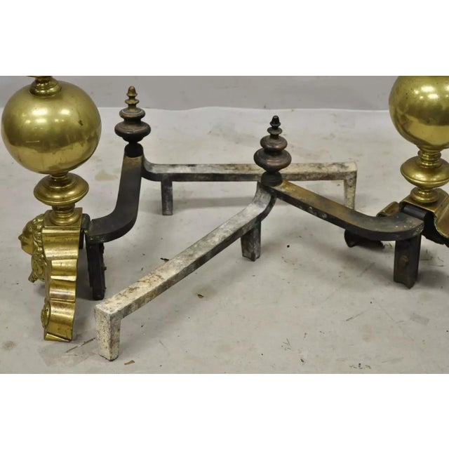 Gold Vintage Beethoven Face French Rococo Brass Cannonball Fireplace Andirons - Pair For Sale - Image 8 of 12