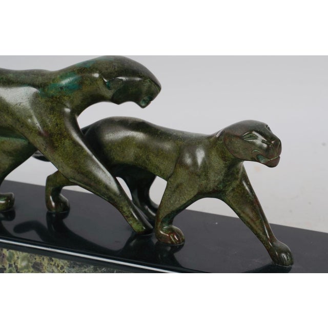 Art Deco Mid 20th Century Art Deco Patinated Bronze Two Panthers After Michel Decoux on Marble Base For Sale - Image 3 of 9