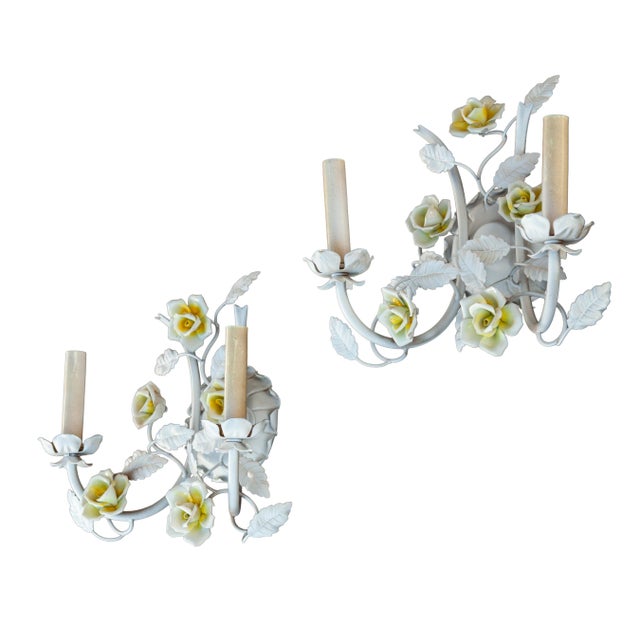 Shabby Chic Mid 20th Century Electrified Wall Sconces With Ceramic Flowers & Metal Leaves; A Pair For Sale - Image 3 of 11