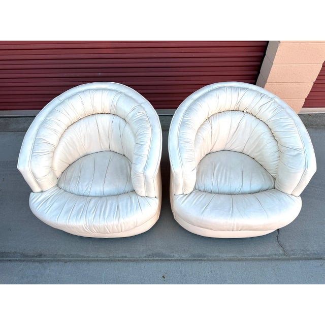 Antique White Vintage Milo Baughman Style Leather Swivel Chairs-A Pair For Sale - Image 8 of 12