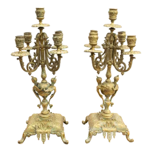 Late 19th Century Antique Pair of Brass Candelabras