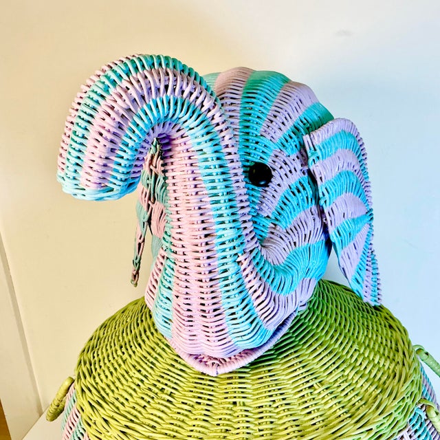 1997 Vintage Boho Chic Coastal Cabana Striped Wicker Elephant Basket Hamper, Signed Jen Lee For Sale - Image 15 of 17