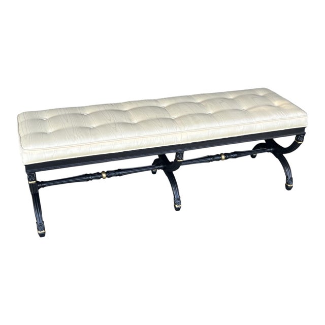 1970s Elegant Ebonized X-Base Bench With Tufted Oyster Upholstery & Gold Accents For Sale - Image 16 of 17
