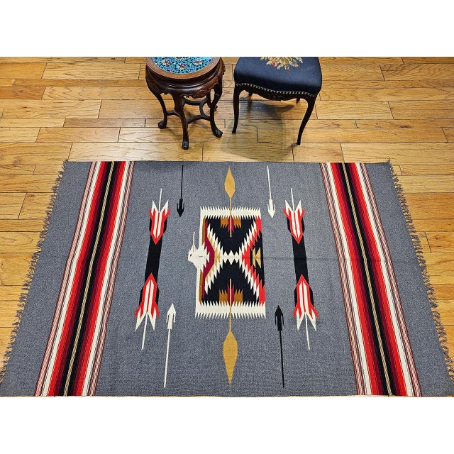 Vintage American Southwestern Kilim Rug, Handwoven Wool, Mythical Bird Pattern, Pale Blue & Ivory, 4x7 For Sale - Image 9 of 11