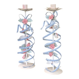 Vintage Blue Bow Ribbon and Pink Rose Tole Metal Candlestick Holders- A Pair For Sale