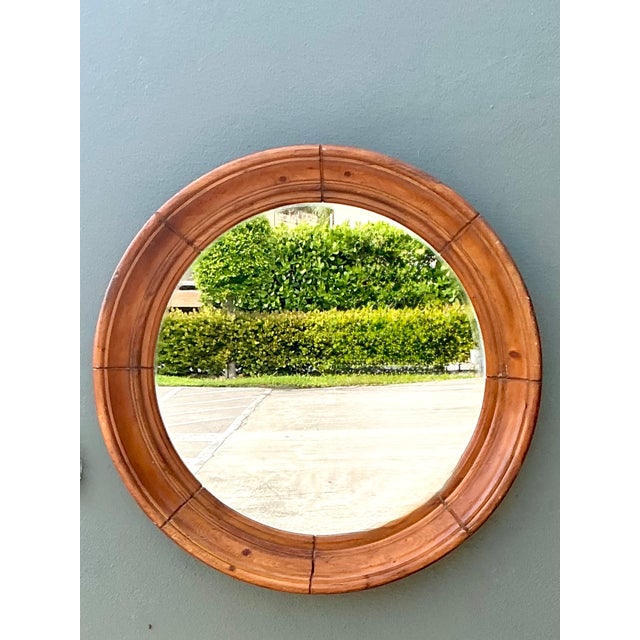 Mid-Century Modern Vintage Round Wood Frame Mirror For Sale - Image 3 of 12