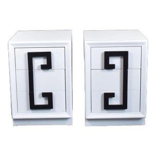 Pair Of White Greek Key Nightstands For Sale