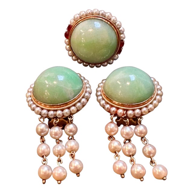 Vintage Natural Jade Earring & Ring Set + Natural Pearls, 14 K Yellow Gold 48 Gm For Sale