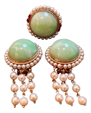 Vintage Natural Jade Earring & Ring Set + Natural Pearls, 14 K Yellow Gold 48 Gm