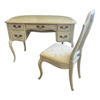 Sligh Furniture French Provincial Leather Top Campaign Desk & Cane Back Chair Set of 2 For Sale