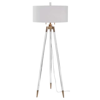 Lucite and Brass Tripod-Style Floor Lamp with White Shade For Sale