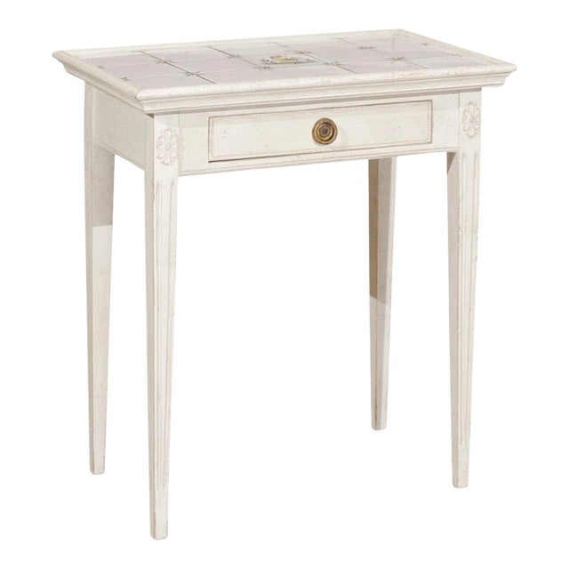 Mid 20th Century Danish Painted Wood Side Table with Tile Top, Rooster Motif and Single Drawer For Sale