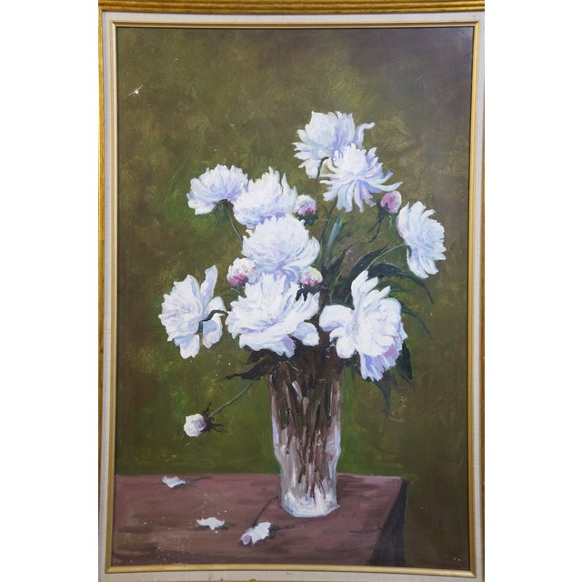 Late 20th Century Bouquet of Purple Peony Flowers in a Glass Vase Still Life Oil Painting on Canvas 41" For Sale - Image 4 of 11