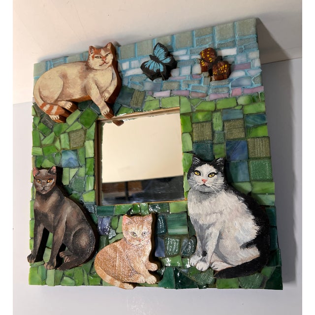 Green Vintage Original Mosaic Painted Cat Mirror For Sale - Image 8 of 9