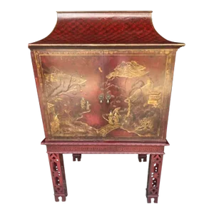 1960s Mid Century Red Chinoiserie Pagoda Style Drinks Cabinet