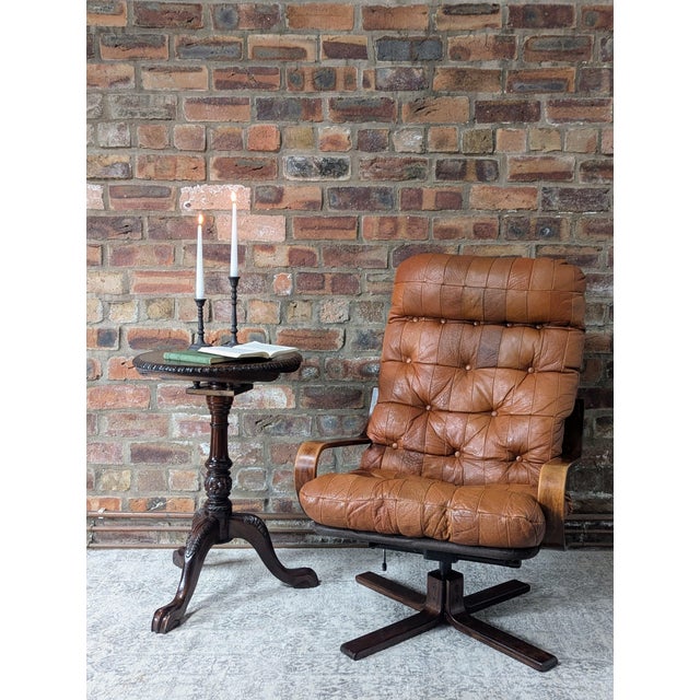 Brown Mid-Century Scandinavian Leather & Wood Lounge Chair For Sale - Image 8 of 12