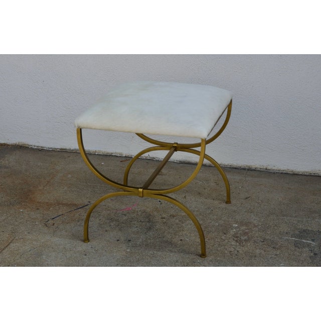 Gilbert Poillerat Design Frères Gilt Wrought Iron and Hide Stools- A Pair For Sale - Image 4 of 8