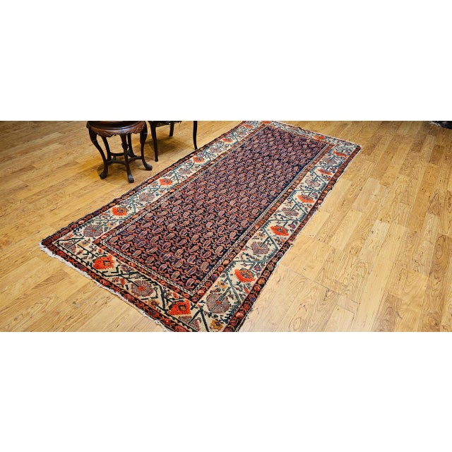 Navy Blue 19th Century Persian Kurdish Gallery Rug, Hand-Knotted Wool, All-Over Paisley & Poppy Pattern, Navy & Ivory, 5x10 For Sale - Image 8 of 18