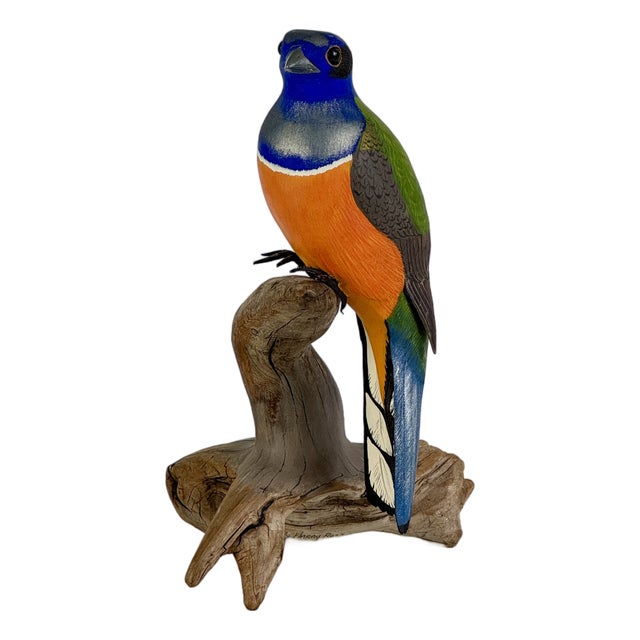 Late 20th Century Original Harry Ross Hand Carved Bird With Glass Eyes on Driftwood, Signed For Sale