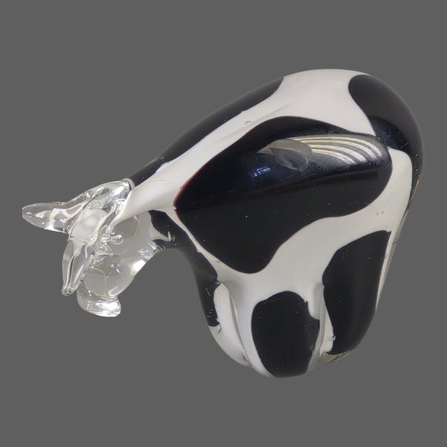 Italian Hand-Blown Art Glass Spotted Black & White Cow Paperweight Figurine For Sale - Image 4 of 10