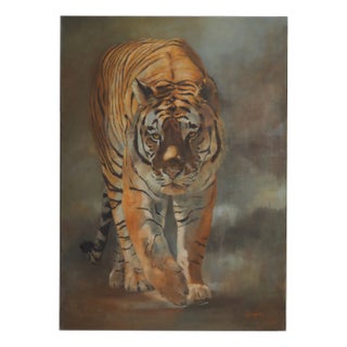 Sylvia Ajacques, Tiger Walking from the Front, 2018, Oil on Canvas For Sale