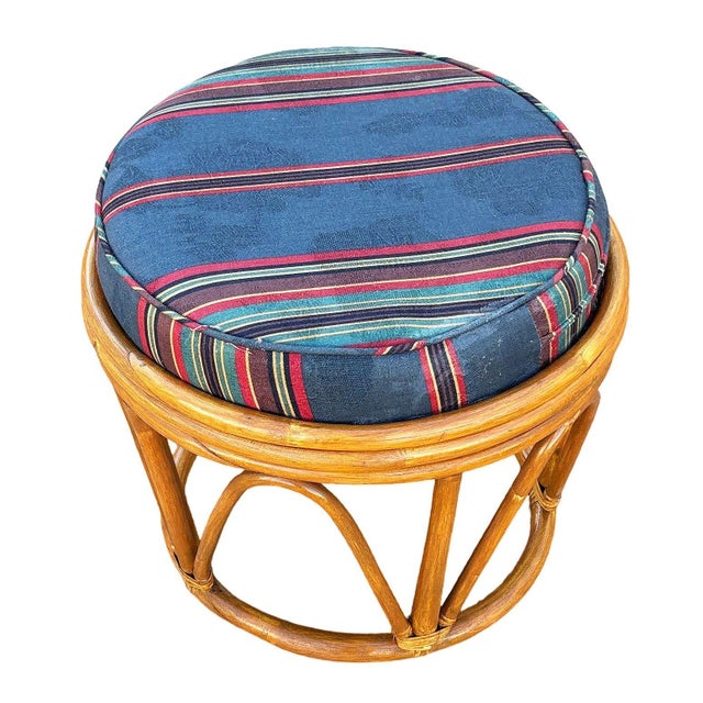 1950s Restored Rattan Footstool With Striped Jacquard Navy Cushion For Sale In Los Angeles - Image 6 of 6