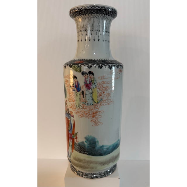 Vintage Chinese Famille Rose Scholar Scene Porcelain Vase 13.25” Tall For Sale - Image 10 of 12