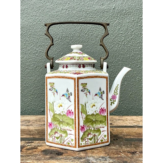 Vintage Chinoiserie Glazed Ceramic Botanical Tea Pot For Sale In West Palm - Image 6 of 12