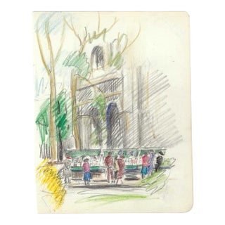 1940s Grace Spongberg Book Stalls by Notre Dame Paris Drawing For Sale