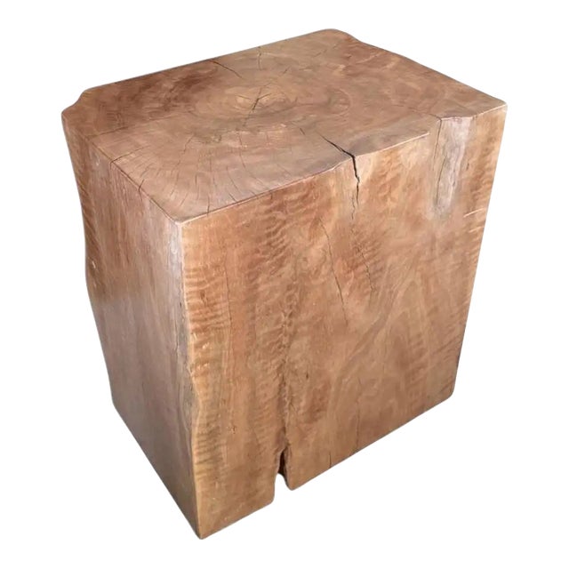 Monolith Lychee Wood Side Table — Solid Block Form, Sculptural Natural Finish For Sale
