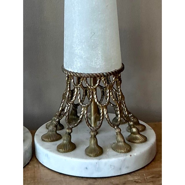 Radiate timeless glamour with this sophisticated pair of vintage Hollywood Regency table lamps. A striking blend of...