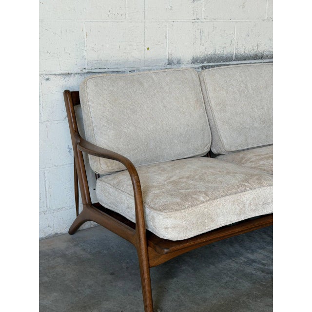 Teak 3-Seater Sofa With Spindle Back and Fabric Cushions Danish Mid-Century Modern 1960s For Sale - Image 12 of 12