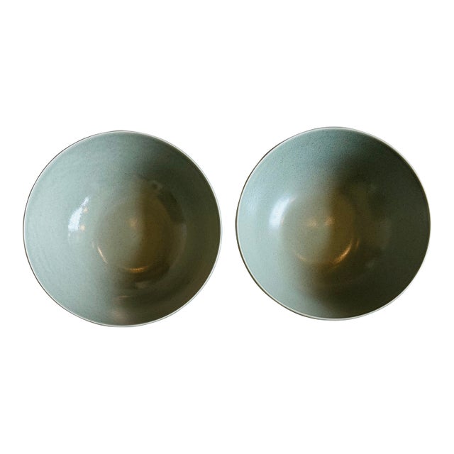 Vintage Calvin Klein Cargo Stoneware 12” Serving Bowls in Sage, Made in Japan -Set of 2 For Sale