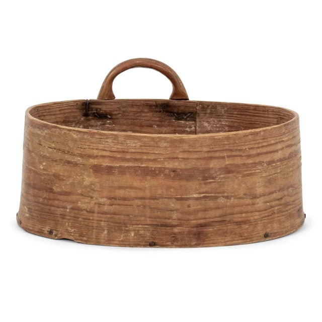 Swedish light color pine and bentwood box with handle. Originally used in the late 19th century as a grain scoop.