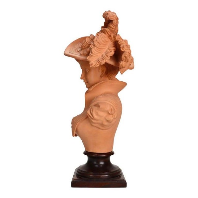 1910s Antique Terra Cotta Bust of a Debutante in Victorian Finery on Wood Plinth C1910 For Sale - Image 5 of 14