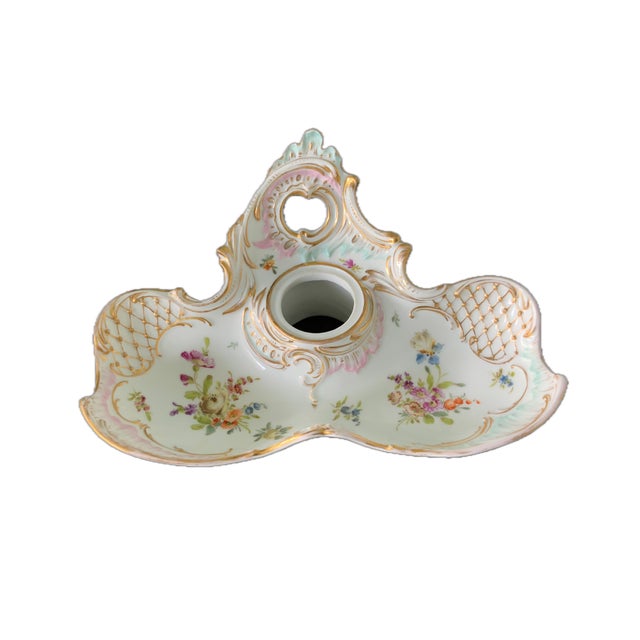 Antique Dresden Porcelain Inkwell & Pen Tray Handpainted For Sale In Naples, FL - Image 6 of 12