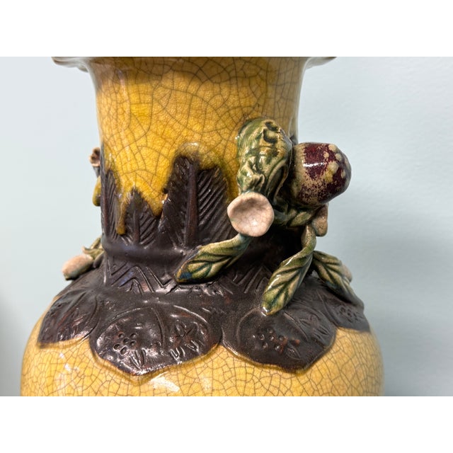Ceramic Chinese Export Style Jar / Vase Form Crackle Glaze Table Lamps W/ Fruit - Pair For Sale - Image 7 of 9