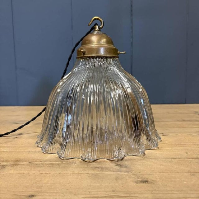 Asteroid Pressed Glass Holophane Pendant Lamp with Brass Fixture, 1920s For Sale - Image 15 of 18