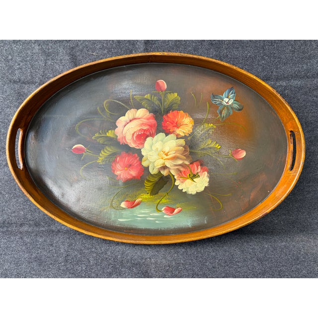 Vintage Oval Wood Floral Tole Painted Tray For Sale In New York - Image 6 of 17