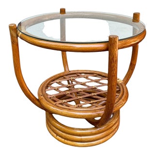 Bent Bamboo Cane Round Side Table With Glass Top For Sale