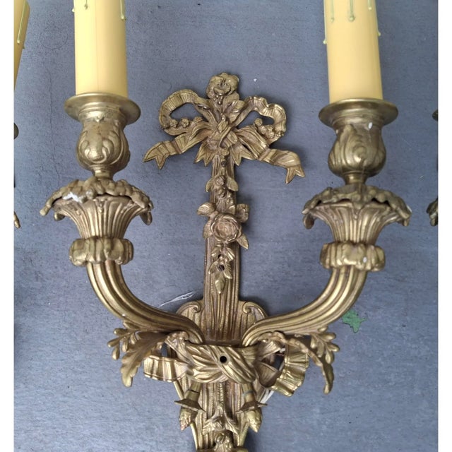 Bronze C1900 Antique French Louis XVI Gold Bronze Ribbon, Tassel, Fruit Detailed Wall Sconces Set of 4 For Sale - Image 8 of 18